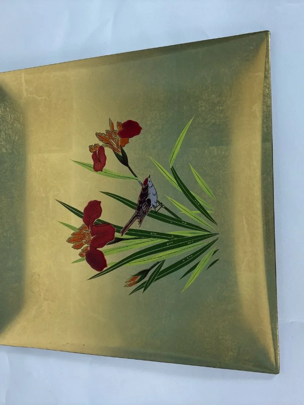 Vintage Toyo Japan Gold Lacquer Serving Tray | Mid Century Japanese Floral Bird